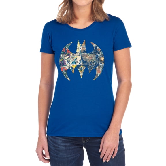 Batman Collage Shield Women's T Shirt, Royal, X-Large