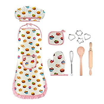 Best Christmas Gift For Teenage Girl Girls Gifts Age 3-8, Girls Kids Chef Costume Girls Kids Chef Apron and Hat Set Cooking Baking Set for Kids Toddlers Girls Best Birthday Christmas Xmas Gifts for Girls Kids Age 3-8 White DMCF4 ()