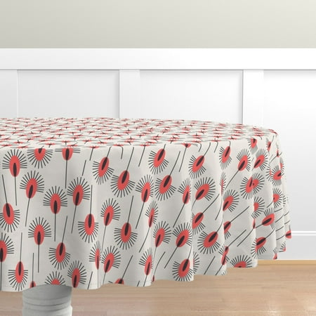 

Cotton Sateen Tablecloth 90 Round - Peacock Poppy Midcentury Modern Geometric Flower Abstract Geo Print Custom Table Linens by Spoonflower