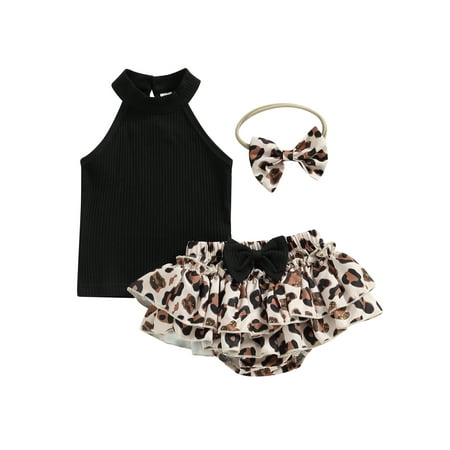 

Qtinghua Infant Baby Girls Summer Outfits Ribbed Sleeveless Turtleneck Tops Leopard Print Tutu Shorts Headband Set Black 18-24 Months