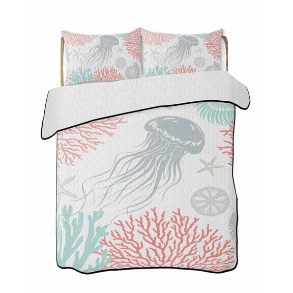 Quilts Twin Size Bedding Set, Jellyfish Coastal Lightweight Quilted Comforter, Teal Red Coral Starfish Soft Reversible Bedspread Coverlet with Pillow Covers for All Season, 68" x 86"