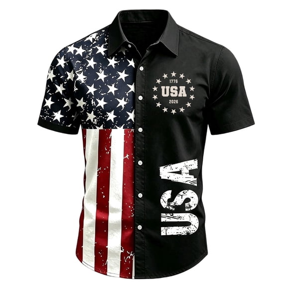 Fabrcox 1776-2026 USA 250th Anniversary Shirt Button Down Flag Print Men's Patriotic Shirts Freedom Commemorative 4th of July T Shirts for Men Black XL