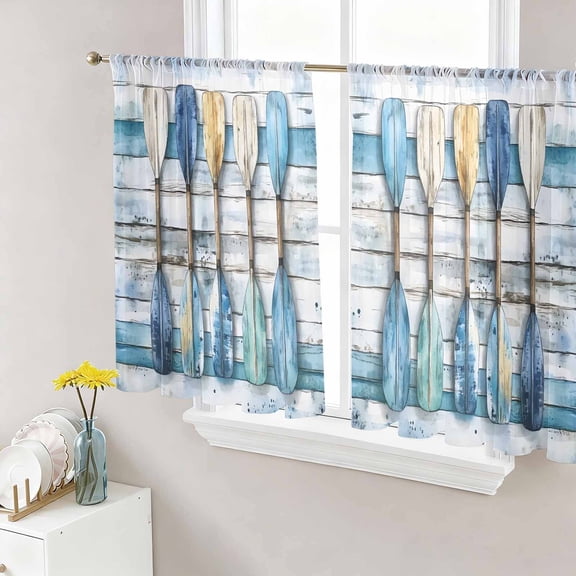 Lake Paddle Striped Semi Sheer Curtains 54 Inch Length 2 Panels Set, Watercolor Vintage Wood Grain Sheer Kitchen Curtain Privacy Voile Window Curtain for Living Room Bedroom Rod Pocket Drapes