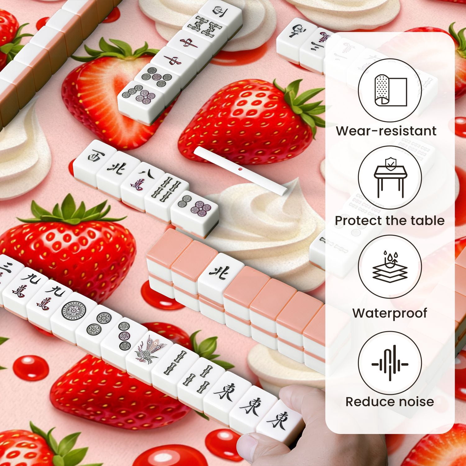 Mahjong Mat 31.5" x 31.5" Seamless Fresh Red Strawberries Whipped Cream Anti-Slip and Noise Reduction Symmetry Design Mahjong Tiles Table Cover for Dominoes Poker Card Board and Tile Games