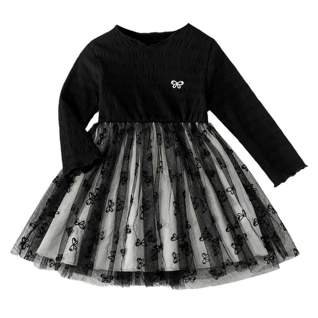 Liyamei Robes pour Filles Robe à Manches Longues avec Imprimé Nœud Robe de Fête pour Bébé Tout-Petit Tenue Décontractée École Plage, 6-9 Mois