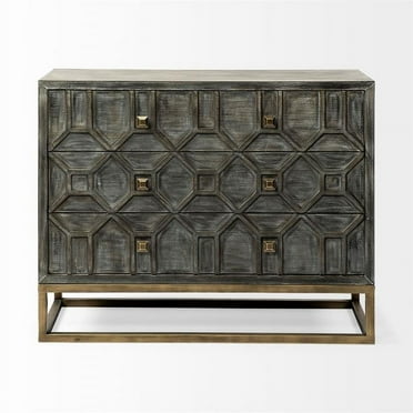 Maklaine Solid Wood & Brass 3 Drawer Cabinet in Brown