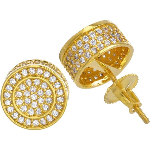 Hip Hop Luxury 14K Plated Micro Pave Setting Screw Back 3D Round Stud Earrings BE 038 G