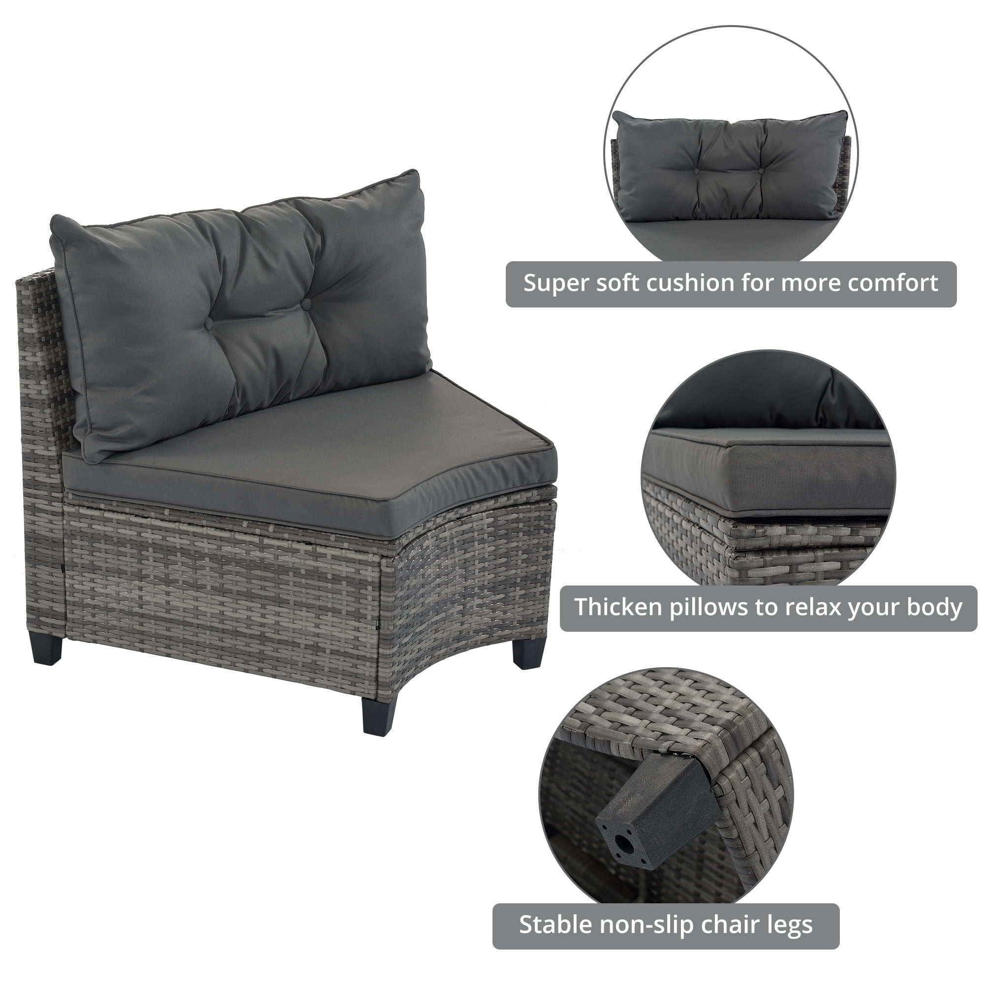 Weather-Resistant 8-Piece Curved Half-Moon Outdoor Wicker Sectional Sofa Set with Rectangular Coffee Table and 2 Side Tables, PE Rattan Cushions for Patio Garden Deck, Gray