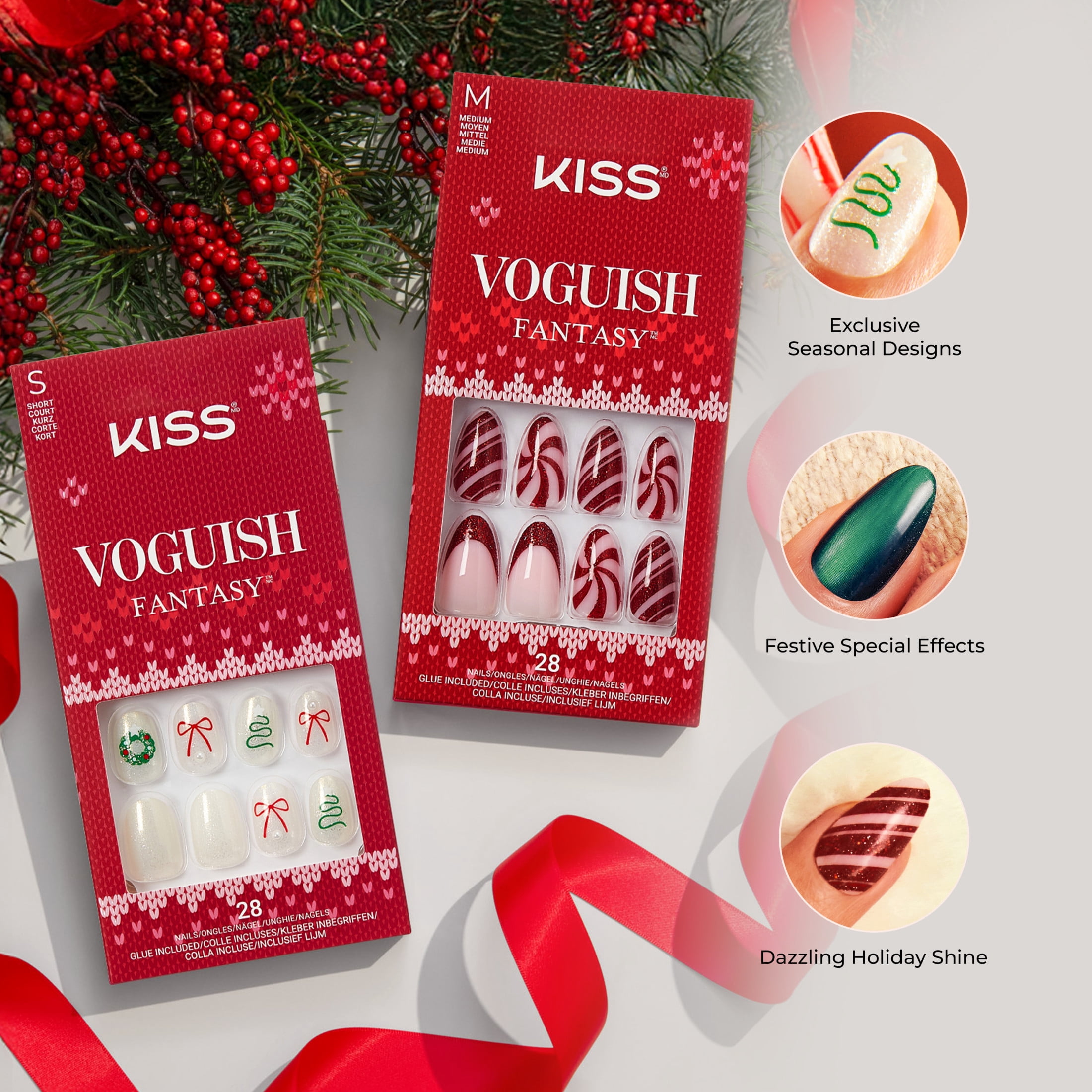 KISS Voguish Fantasy Holiday Press on Nails, Ho Ho Holiday, Pink, Short Oval, 28 Count