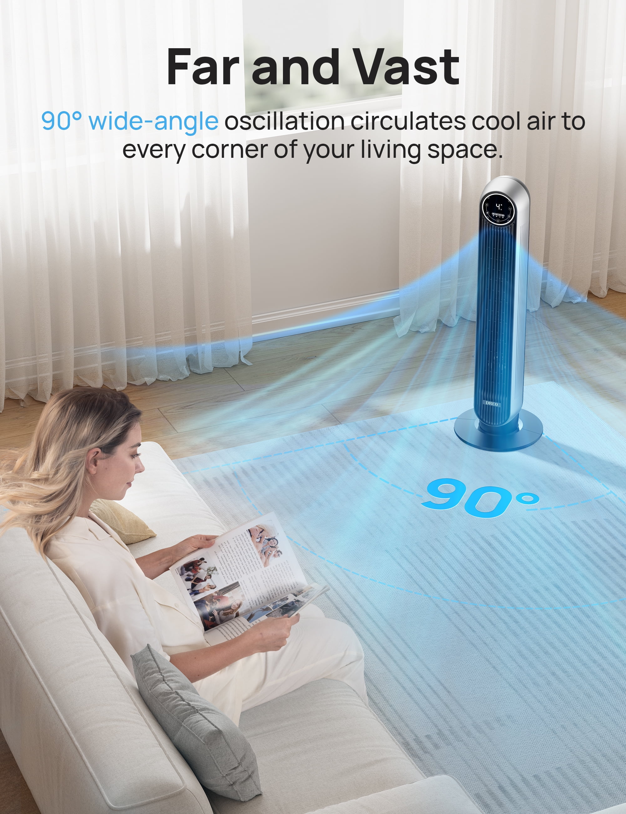 Dreo Tower Fans for Home, 90° Oscillating Standing Fans with Remote, 24 ft/s Velocity Quiet Bedroom Fan, 4 Speeds, 4Modes, 8H Timer, Bladeless Floor Fan, Black Silver