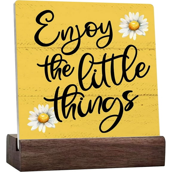 Summer Spring Daisy Ceramic Table Sign Desk Decor, Enjoy The Little Things Sign For Living Room Bedroom Shelf Tabletop Decoration