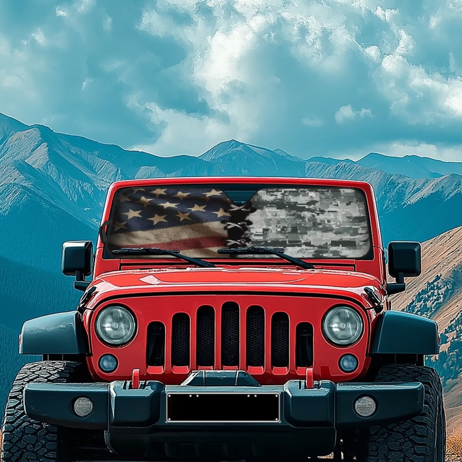 Binienty American Flag Gray Camo Car Sun Shade Windshield for Jeep Wrangler Gladiator FJ Cruiser Folding Sun Shade Windshield Automotive Accessories Interior Protector Heatshield Easy to Install