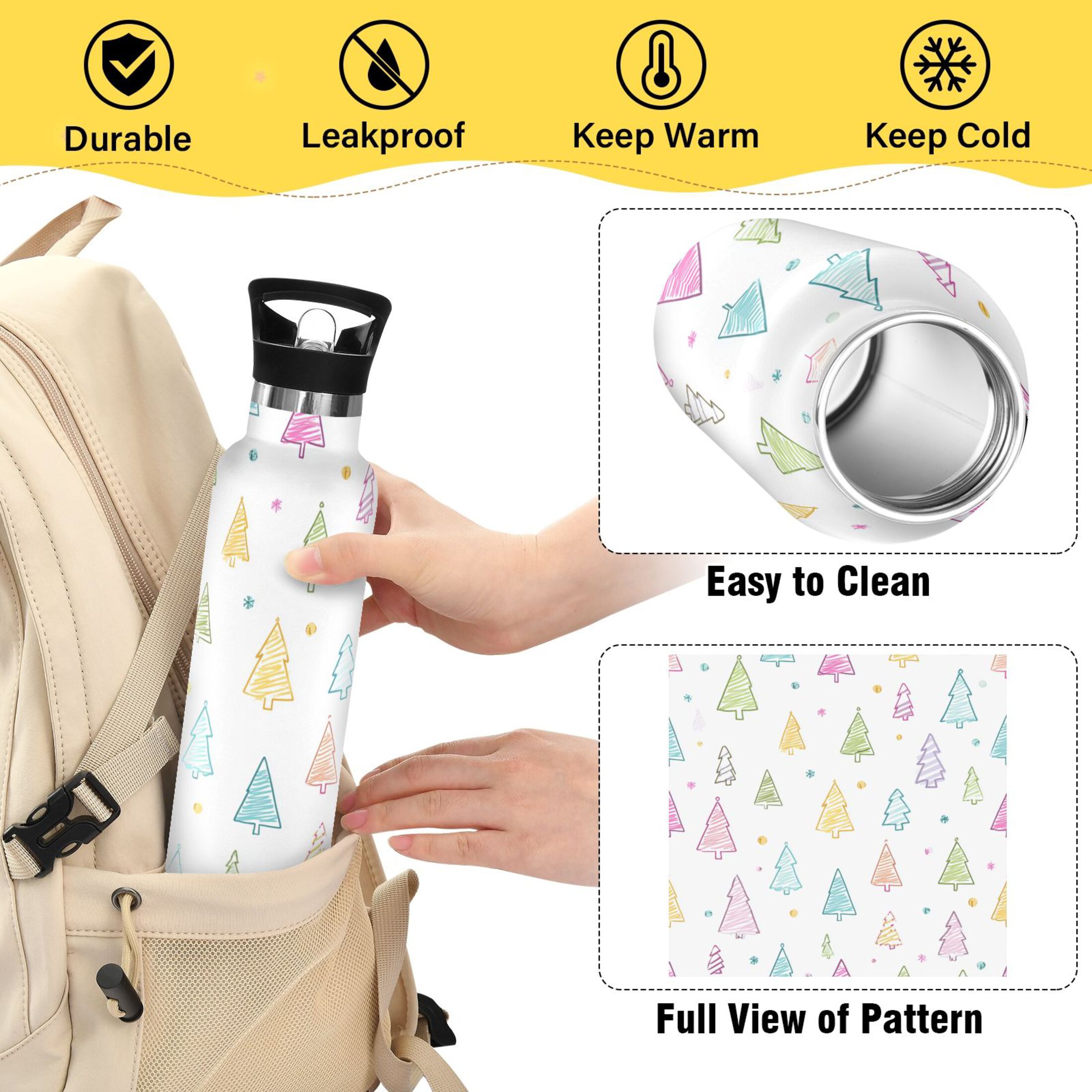 600ML Stainless Steel Insulated Cup Sports Water Bottle Portable Thermos Cup Water Glasses Insulated Tumblers Convenient and Durable Beautiful Christmas Tree Cute