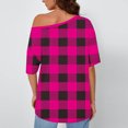 thumbnail image 6 of YUGYXL Women's Off Shoulder Shirt Fashion Plaid Short Sleeve Crewneck Tee Shirts Spring Loose Comfort Casual Tops Hot Pink XL, 6 of 6