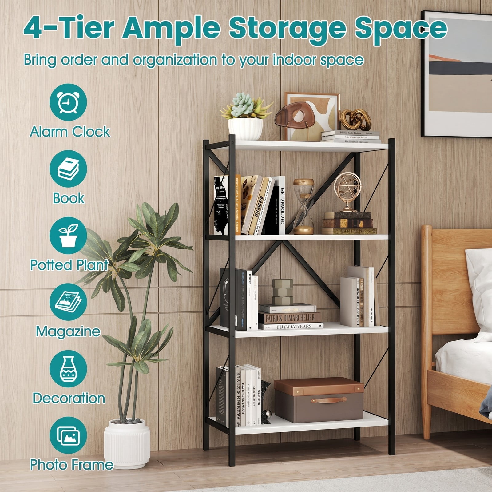 Furnibear 4-Tier Bookshelf with Heavy-Duty Metal Frame, X-Braced Freestanding Storage Bookcase Organizer Plant Stand for Living Room Bedroom Home Office, White