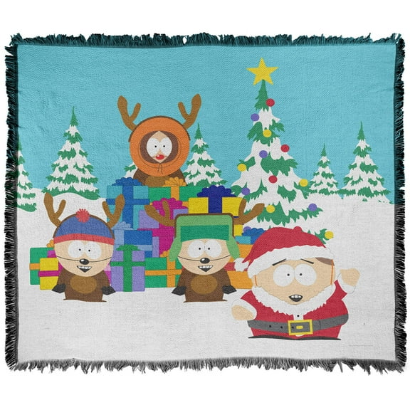 South Park Blanket, 50'x60' Cartman Santa and Reindeer Boys Woven Tapestry Cotton Blend Fringed Throw Blanket