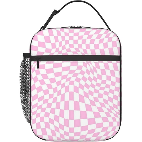 Pink Checkered Insulated Lunch Bag, Lunch Box for Office Travel, Lunch Bag for Men and Women