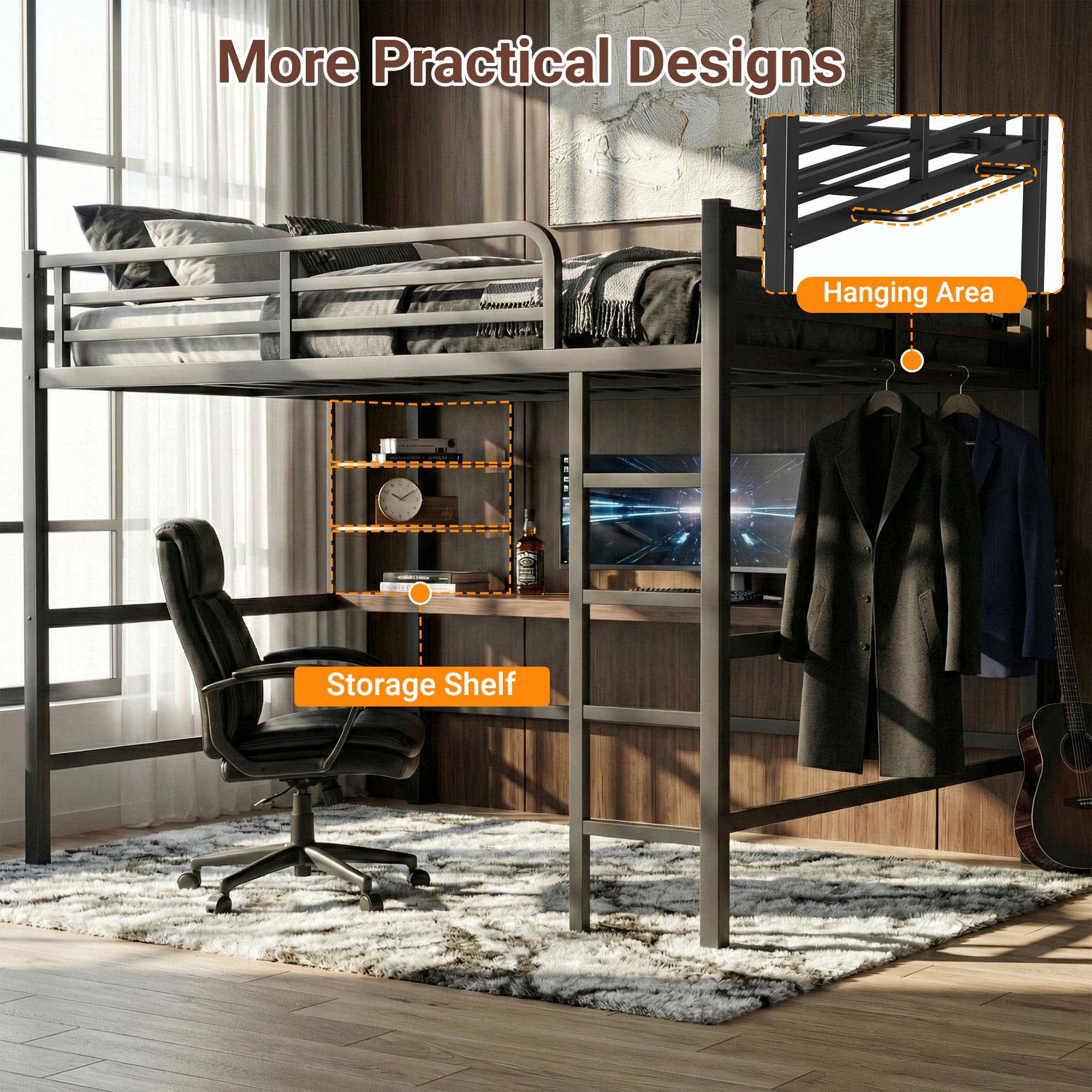 Queen Size Loft Bed Frame with Desk, Shelves, LED Lights & Charging Station, Metal Loft Bed for Adults, Black