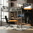 thumbnail image 4 of Queen Size Loft Bed Frame with Desk, Shelves, LED Lights & Charging Station, Metal Loft Bed for Adults, Black, 4 of 9