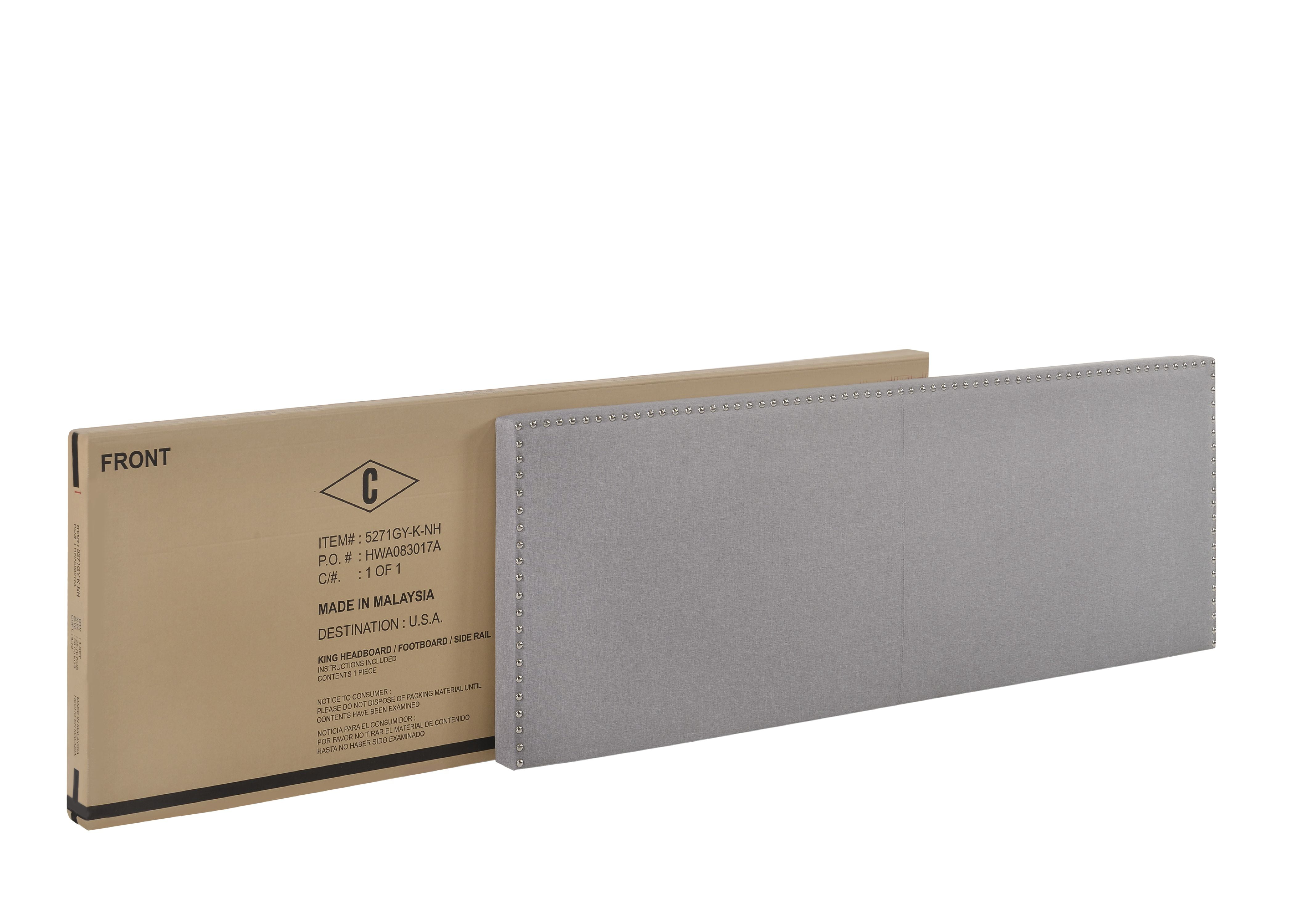 Crown Mark Erin Gray Upholstered Bed with Nail Head Trim, King