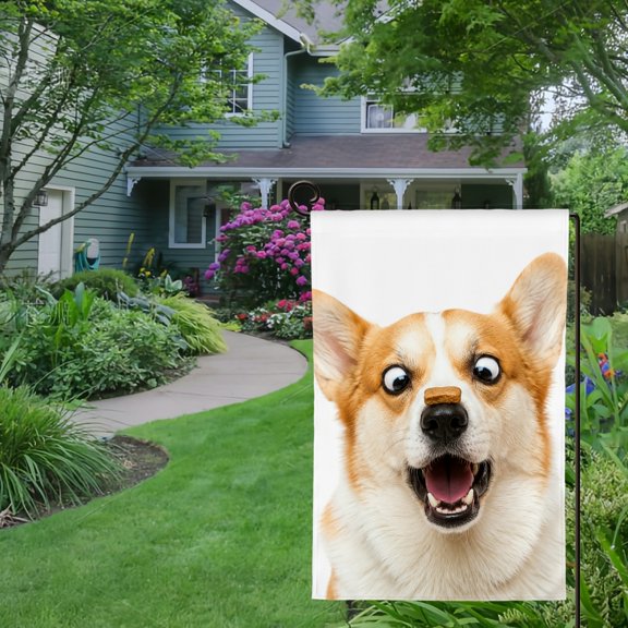RKSupls Spring Summer Garden Flag Double Sided, Surprised Corgi With Treat.png Linen Welcome Yard House Outside Outdoor Decoration,12*18 inch