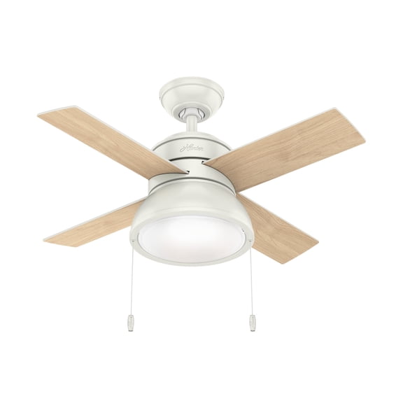 Hunter 36 inch Small Indoor Ceiling Fan with LED Light and Pull Chain - Standard Mount White Ceiling Fan, 4 Blades, For Bedroom, Home Office, or Laundry Room, Quiet - Loki 59385, Fresh White