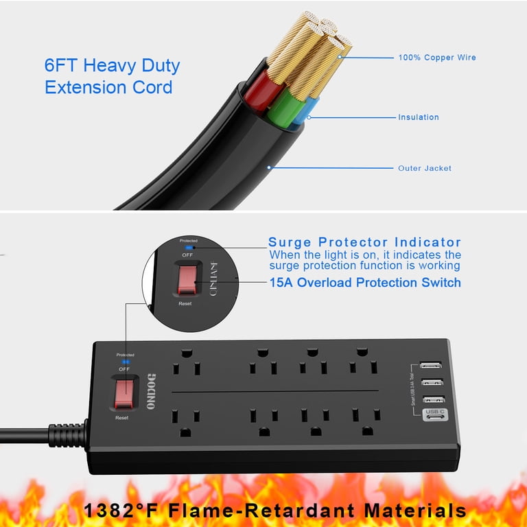 8-Outlet Power Strip with 4 USB Ports and 6ft Extension Cord, Black photo 5