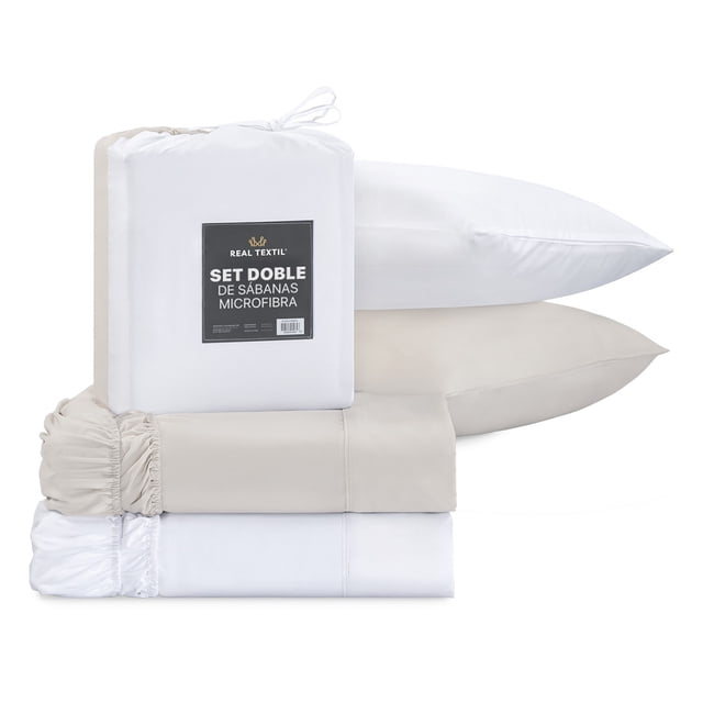 Sábanas 2 Juegos de Microfibra Suaves y Frescas, Real Textil (Blanco y Beige, Individual)
