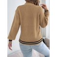 thumbnail image 5 of Women Vintage Knit V-Neck Hollow Contrast Stripe Lantern Long Sleeve Loose Knit Pullover Sweater Khaki L, 5 of 10