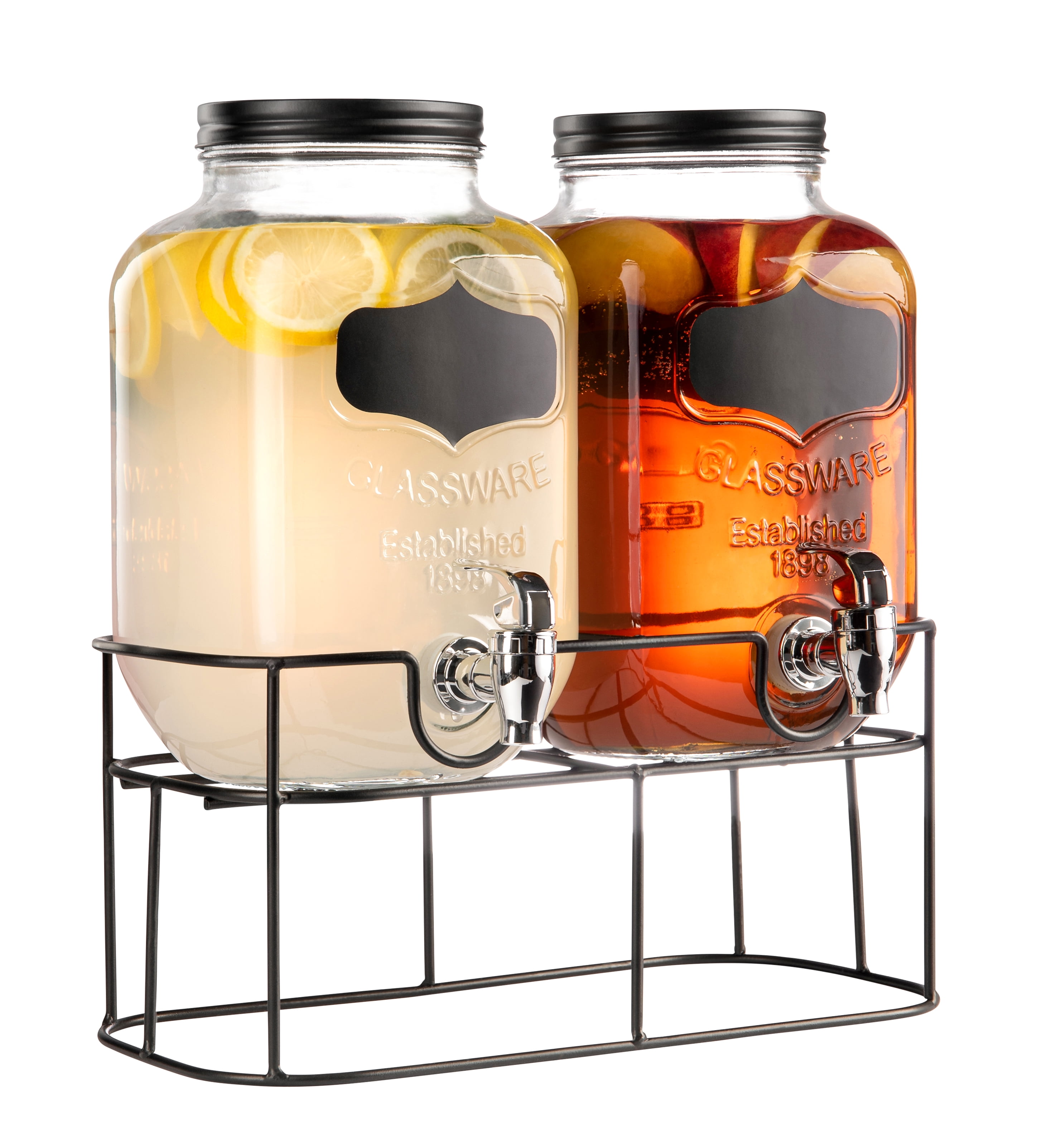 Dual Mason Jar Drink Dispensers with Metal Stand 4-Liters Each Leakproof, Easy-Pull Spigots and Screw-On Lids Clear, Heavy-Duty Glass Chalkboard Sticker Labels