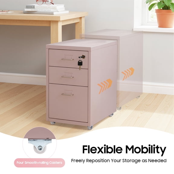 Pink 3 Tiers Metal Mobile File Cabinet Modern Vertical File Cabinet With Lock