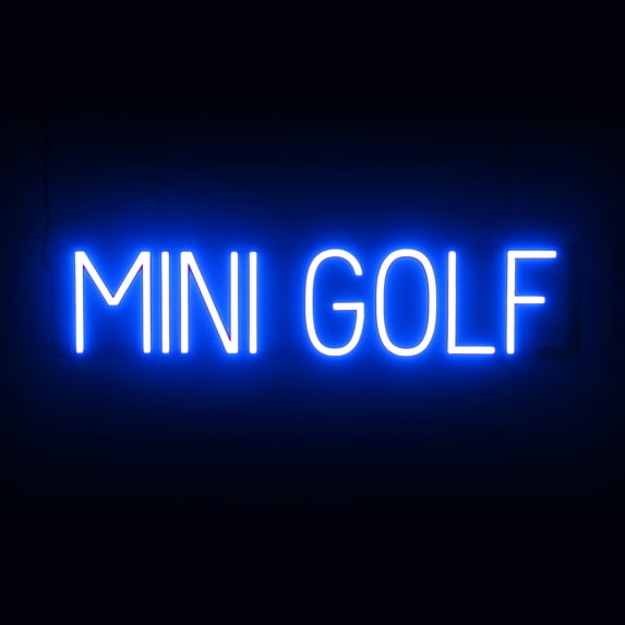 SpellBrite MINI GOLF LED Sign for Business. 28.9" x 6.3" Blue MINI GOLF Sign Has Neon Sign Look With Energy Efficient LED Light Source. Visible from 500+ Feet, 8 Animation Settings.