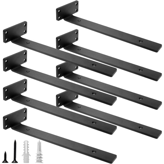 Heavy Duty Floating Shelf Brackets, 12-Inch (1/5'' Thick) Hidden Shelves Hardware, Iron L Brackets, Rustic Industrial Black Metal Wall Shelving Supports, 8 Pack