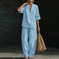 thumbnail image 4 of CHUMUD Womens 2 Piece Outfit Sets Oversize 3/4 Sleeve V-Neck Shirts and Wide Leg Baggy Pants with Pockets Summer Travel, 4 of 7