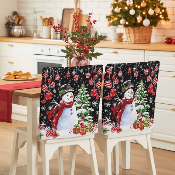 Red Christmas Snowman Chair Back Covers Set of 6, Xmas Balls Pine Tree Snowflake Black Stretch Dining Chair Back Slipcovers Removable Seat Cover for Kitchen Restaurant Hotel Cafe