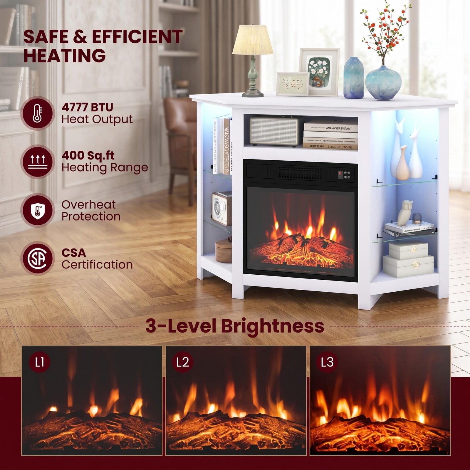 Furnibear Corner Fireplace TV Stand with LED Lights and Smart APP Control for TVs up to 50 Inches, Electric Media Console with Glass Shelves and Adjustable Flame, White