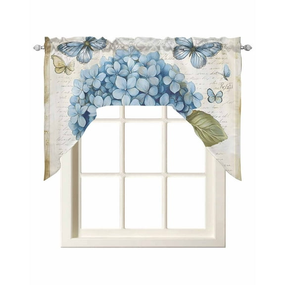 Blue Hydrangea Kitchen Swag Valances for Windows, Spring Vintage Botanical Butterfly Swag Valances Curtains for Living Room, Rod Pocket Window Treatments for Bathroom, Bedroom, Cafe, 56"x36"