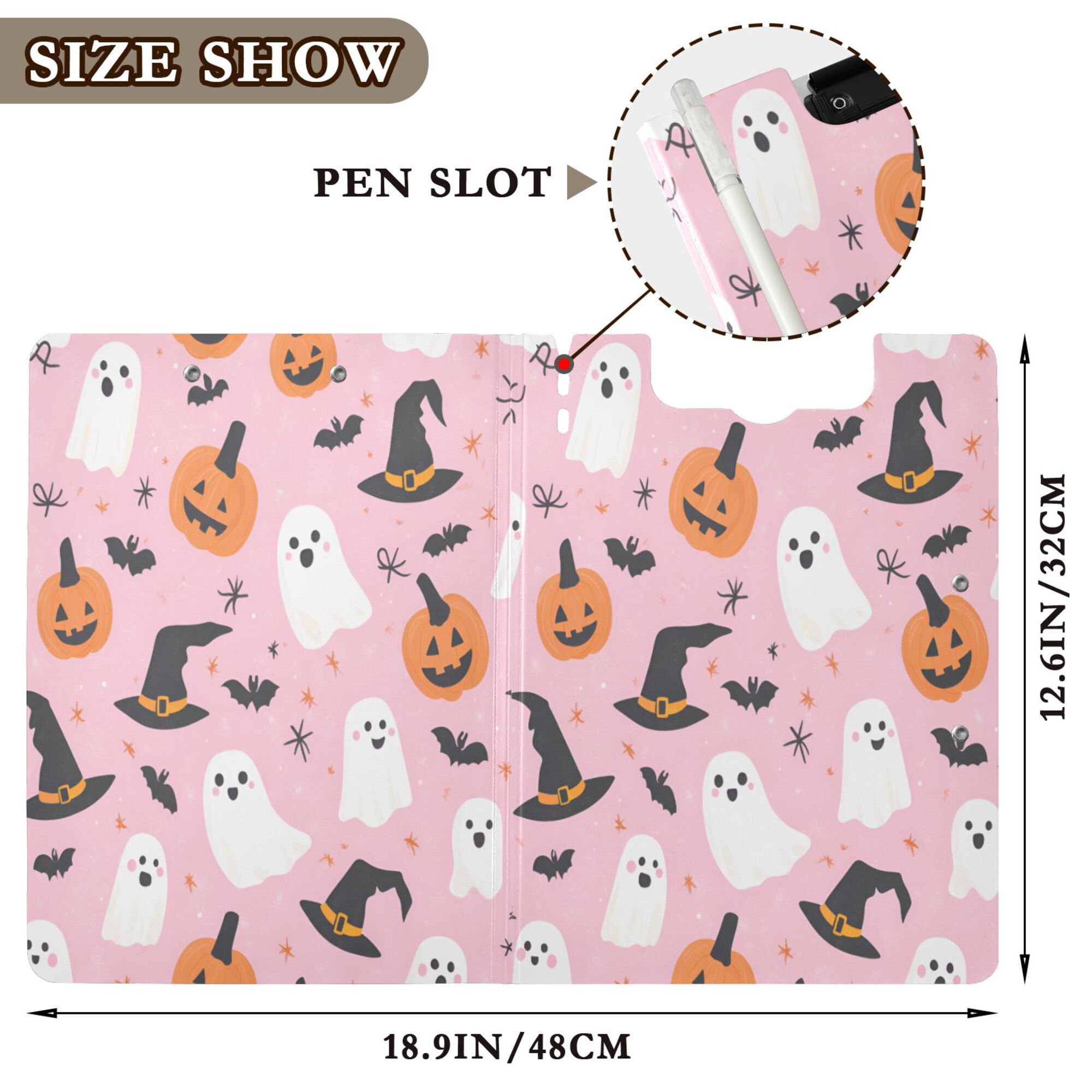 FORMRS A4 Clipboard Folder with Pen Holder Horizontal Foldable School Office Binder, Pink Halloween Ghosts