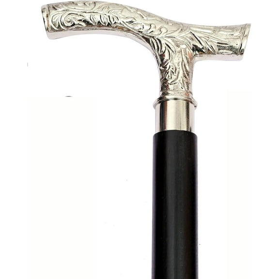 Maritime Treasures Vintage Brass Handle Folding Walking Stick – 3 Fold Black Wooden Cane with Decorative Engraved Handle – Classic Mobility Aid