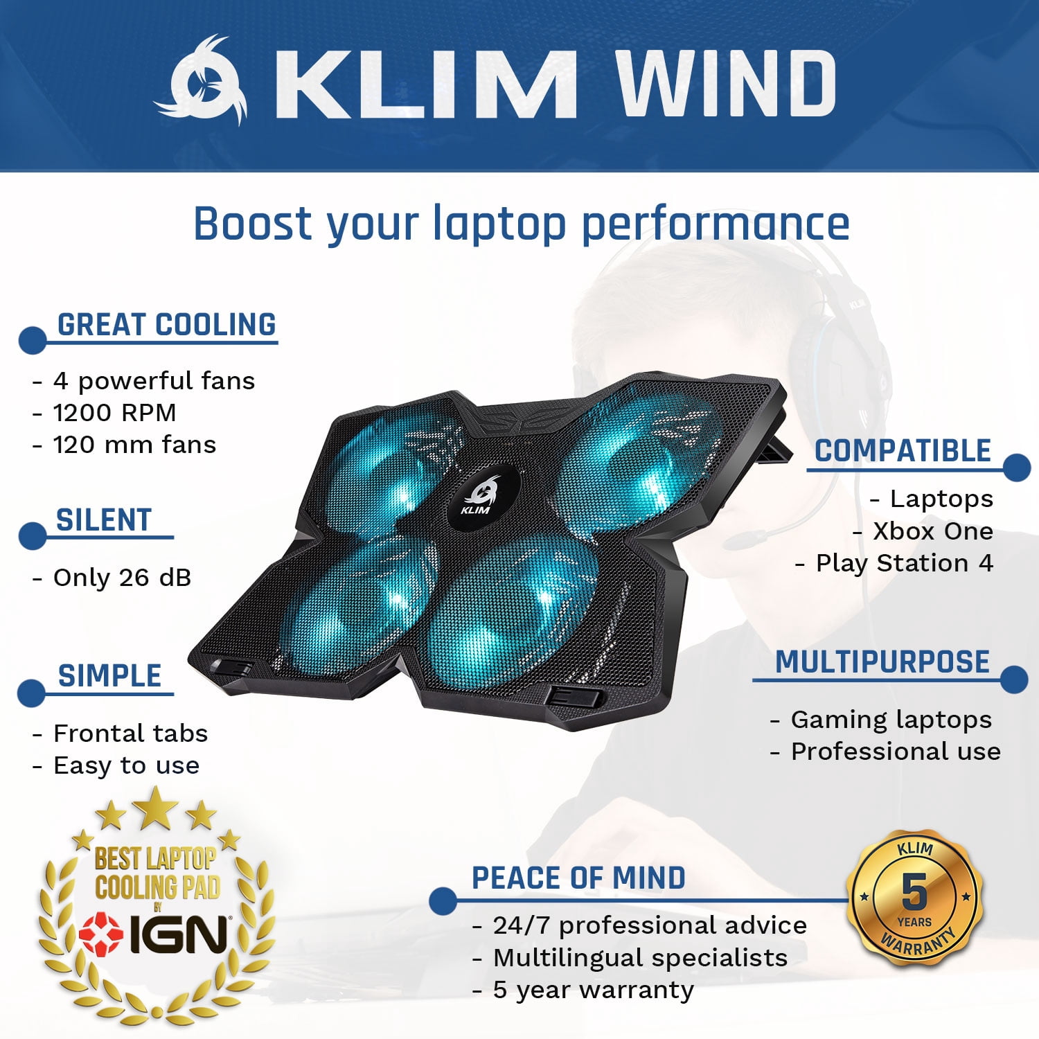KLIM Wind Laptop Cooling Pad - NEW 2022 VERSION - Support 11 to 17 Inch Laptops, PS4-4 Fans - Light, Quiet, Powerful Cooling - Gamer USB Slim Portable Laptop Stand - Cyan