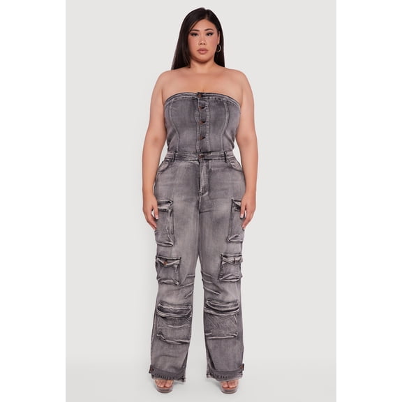 Women's Plus Size Acid Wash Cargo Pocket Button Front Jumpsuit