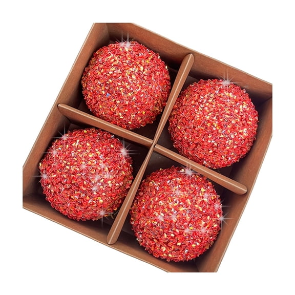4 Pcs Sequin Glitter Christmas Tree Ornaments, 3.15 Inch Shatterproof Plastic Hanging Baubles, Sparkly Red Xmas Decor for Holiday Home Party