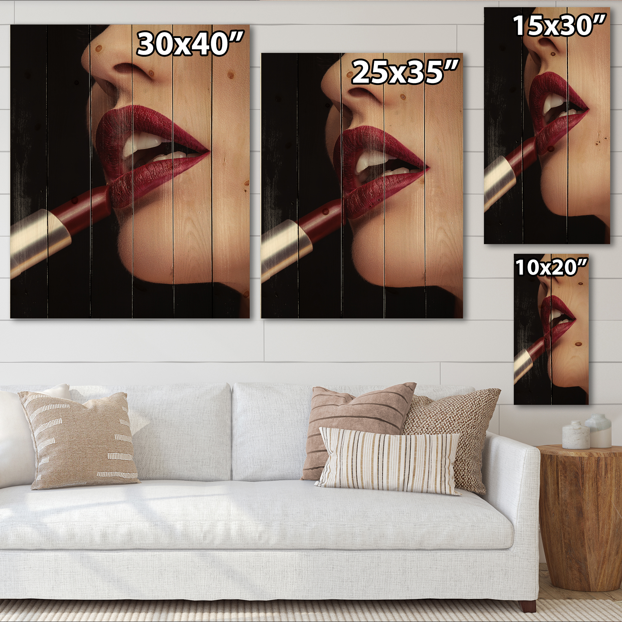 Designart 'Woman Applying Red Lipstick On Lips I' Modern Print on Natural Pine Wood