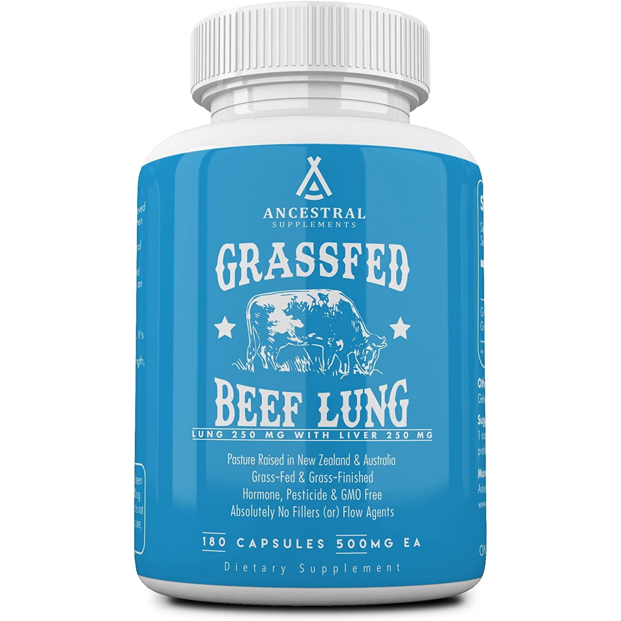 Ancestral Supplements Grass Fed Beef Lung Supplement with Liver, 500mg, Lung and Liver Supplement Supports Lung, Respiratory, Vascular, and Circulatory Health, Non-GMO, 180 Capsules