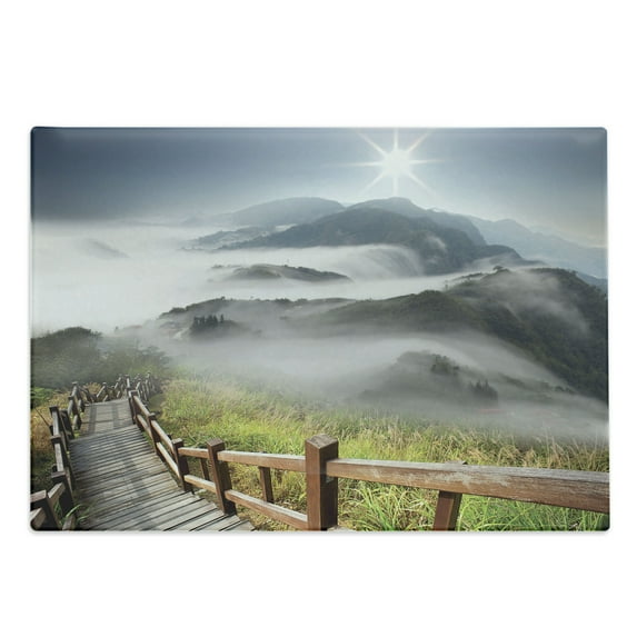 Misty Cutting Board, Nature Photo of Foggy Mountains Grassy Land and Long Wooden Pier Stairs at Daytime, Decorative Tempered Glass Cutting and Serving Board, in 3 Sizes, by Ambesonne