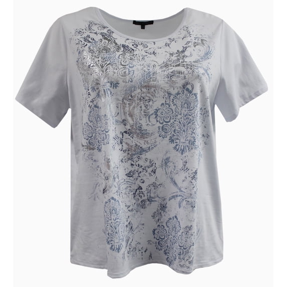 Women Short Sleeve Floral Foil Print Cotton Knit Blouse Tee T Shirt Top White 2X (17030)