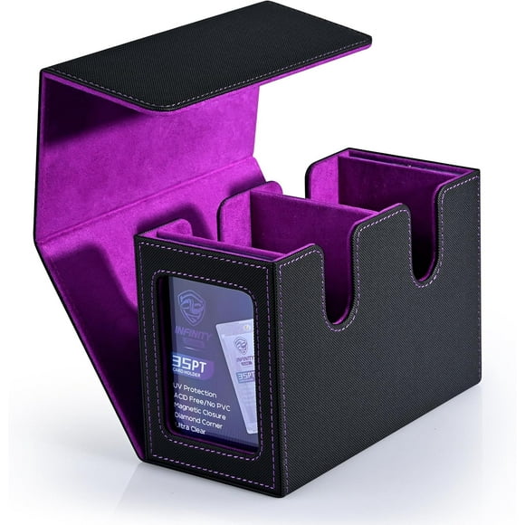 AIR-MTG Deck Box with 2 Commander Display, Double Deck Box for 280+ Single Sleeved Cards, Leather Magnetic Card Storage Box Fits for TCG CCG Magic Cards (Black&Purple)