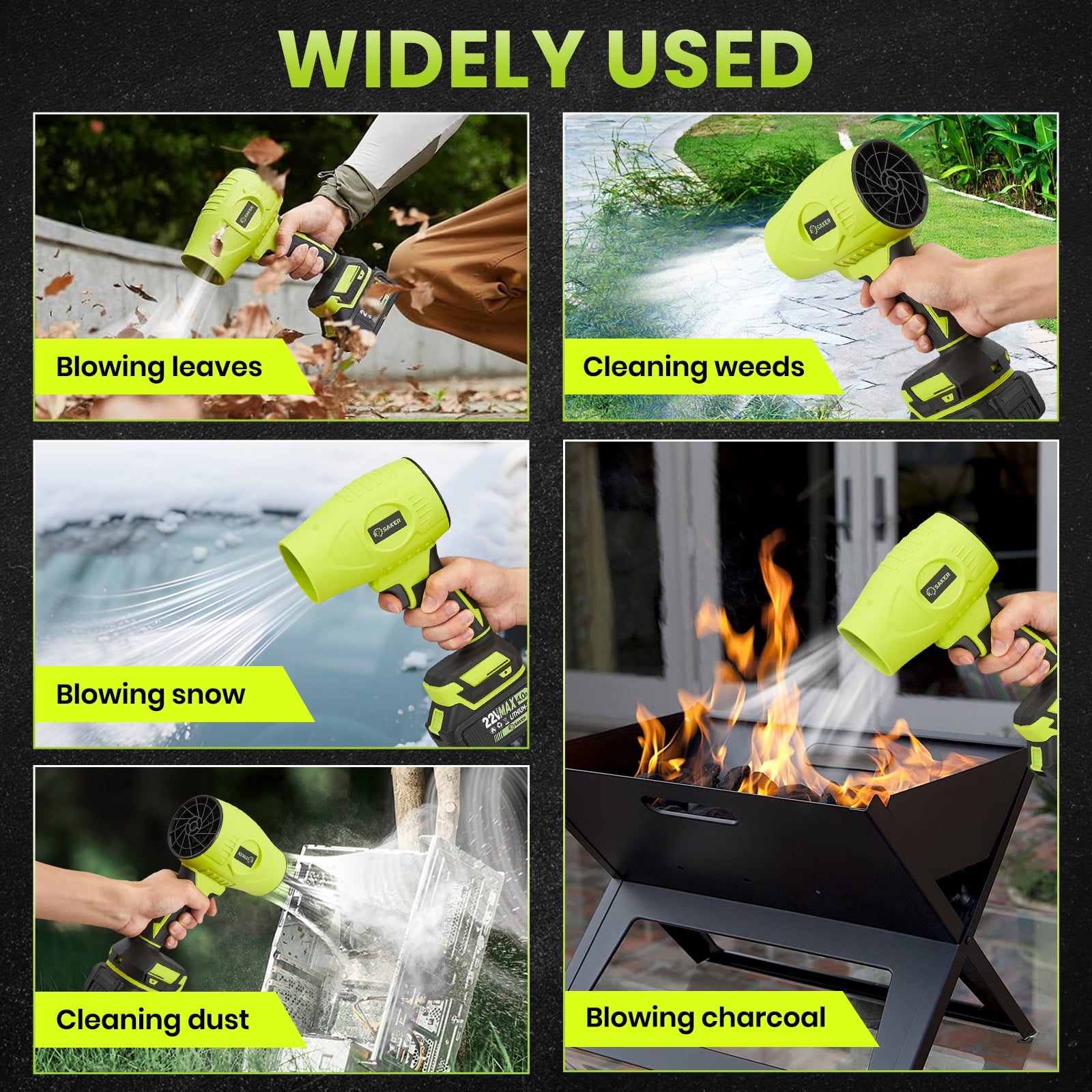 Saker Electric Cordless Leaf Blower with Adjustable Speed, Portable Handheld Leaf Blower with 2x 4.0Ah Batteries for Patio Cleaning, Lawn Care, Green