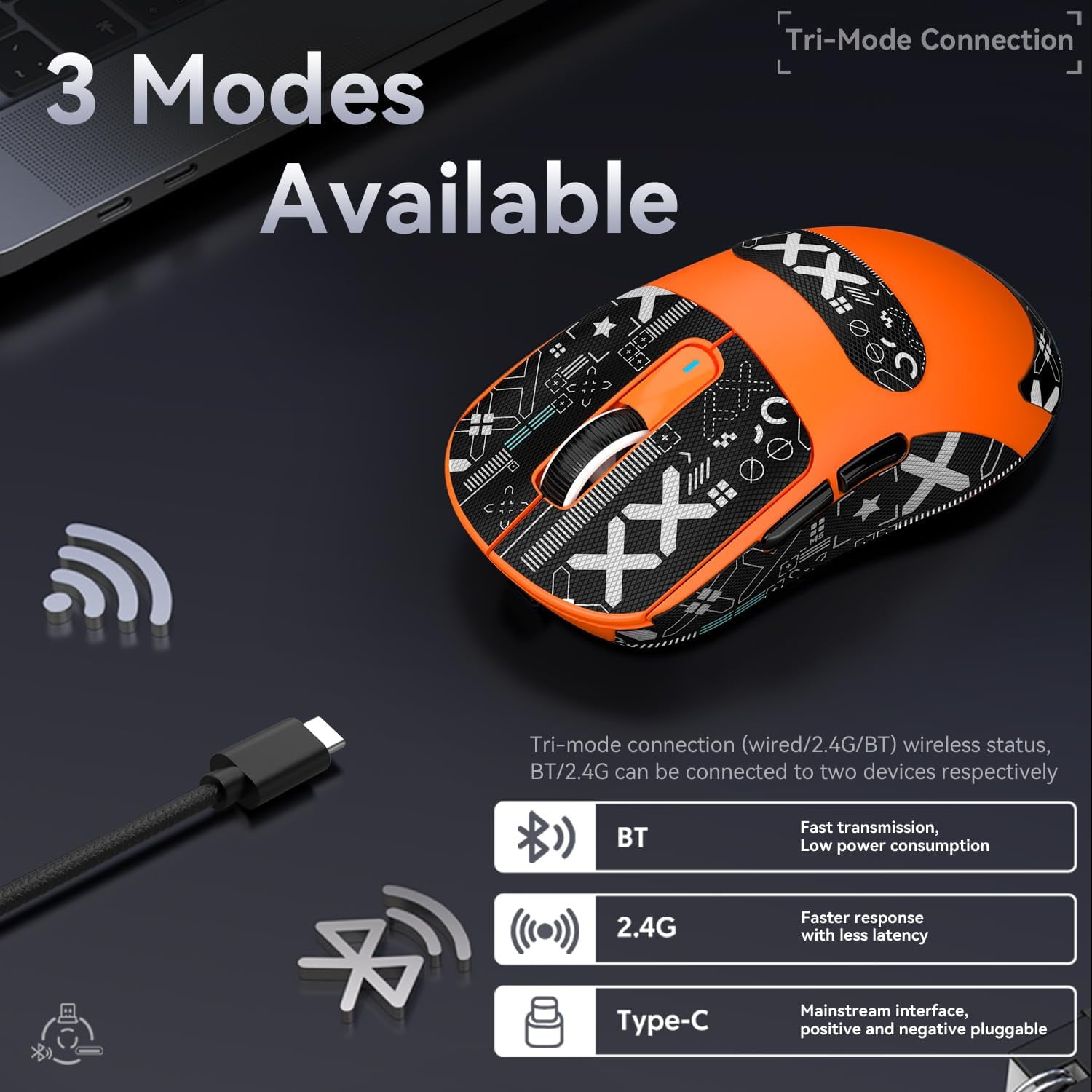 ATTACK SHARK X3 Lightweight Wireless Gaming Mouse with Anti Slip Mouse Grip Tape, Self Adhesive Design Elastics Refined Side Grips Sticker Sweat Resistant Pads/Anti Sweat Paste, Cut to Fit (Orange)