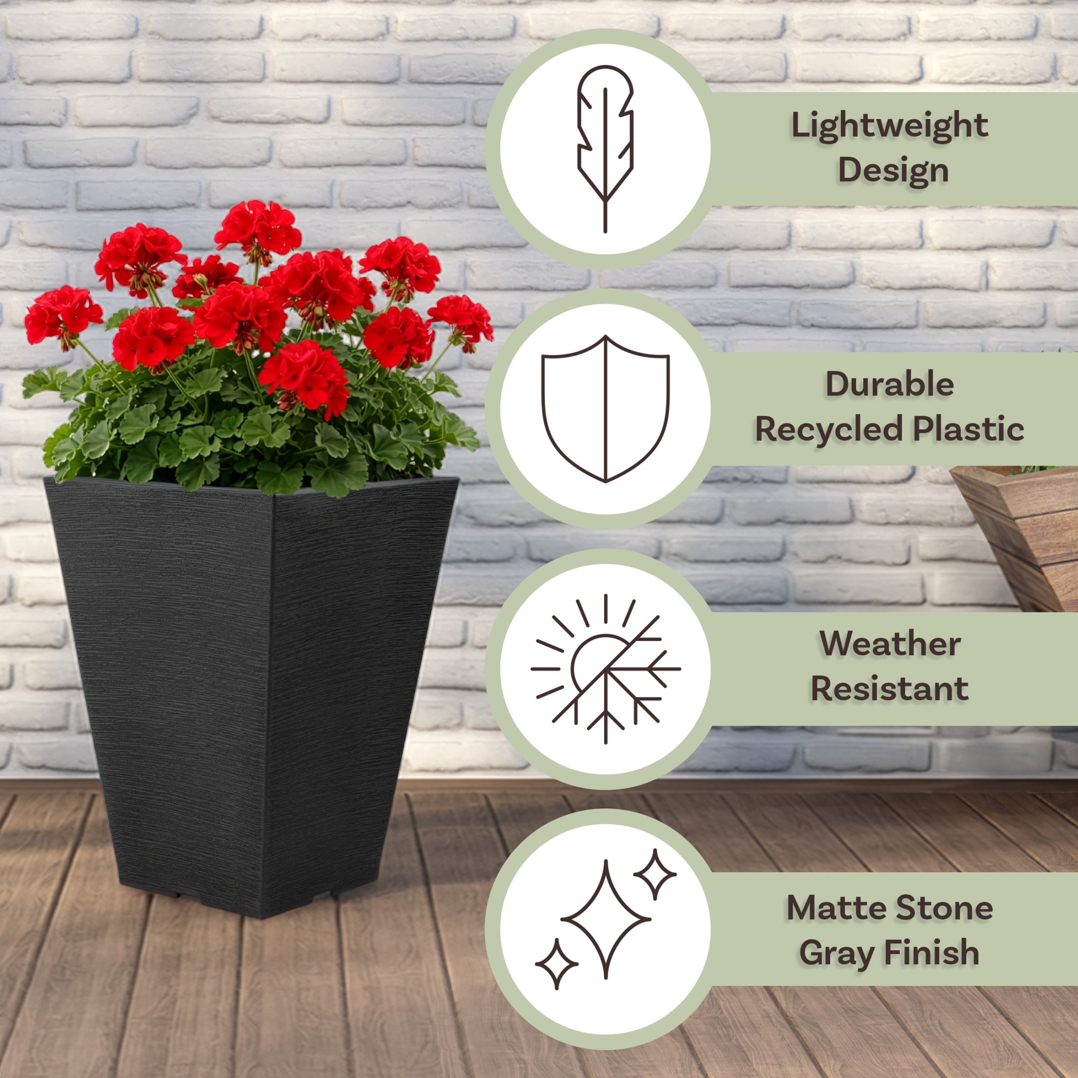 Pure Garden Large Outdoor Planters 2-Pack - 13.75” Tall Planters for Outdoor Plants or Indoors, Gray